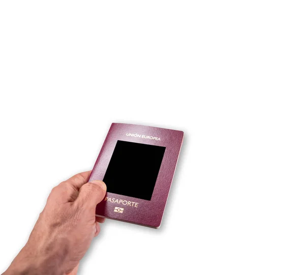 Caucasian man hand giving passport on white with text space — Stock Photo, Image