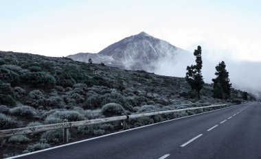 Sisli bulutlu alacakaranlıkta Teide volkanik zirveye giden yol
