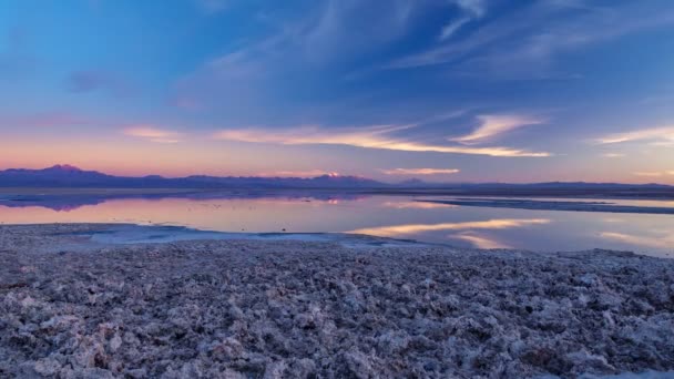 Čas západu slunce na solném jezeře Atacama s růžovým nebem — Stock video
