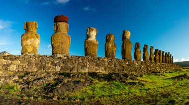 Moai statues rear view on Easter Island. Ahu Tongariki