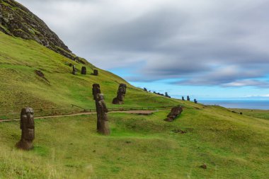 Taş ocağında çarpık Moais, Rapa Nui adası