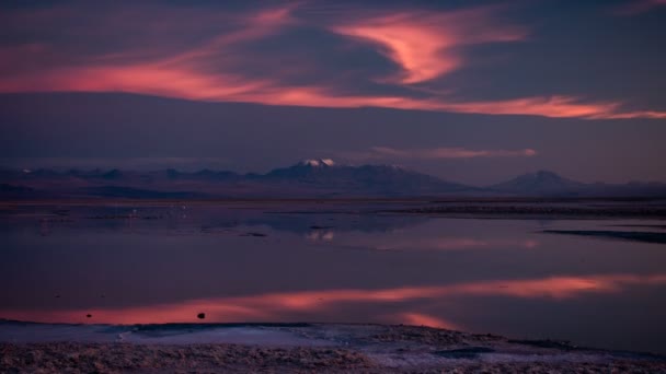 Ηλιοβασίλεμα στην Ατακάμα και στη λιμνοθάλασσα Τσάξα — Αρχείο Βίντεο