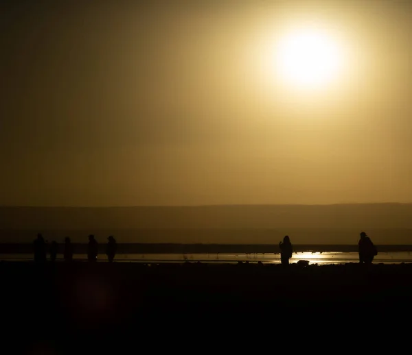 Turistas silhuetas ao pôr do sol perto do lago, retroiluminado — Fotografia de Stock