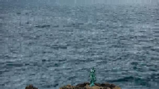 A Feröer-szigetek tengerpartja elévülése szoborral — Stock videók