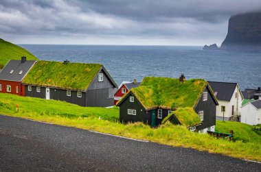 Faroe Adaları çatıda çim ile Tipik evler