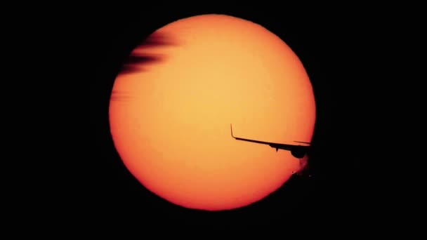 Jet plane landing with sun behind it — Stock Video