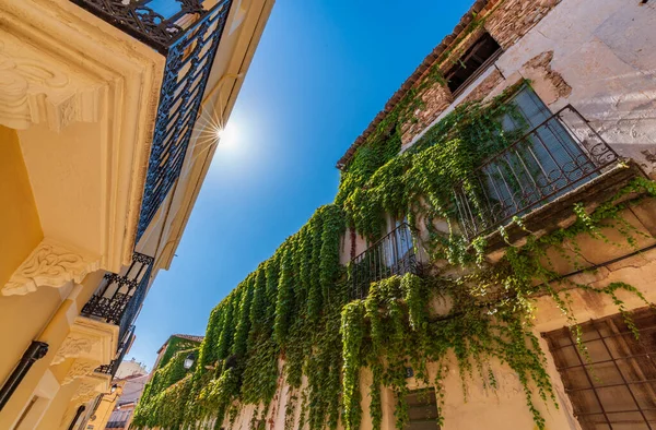 Almansa gata med murgröna täckt fasad och solstjärna — Stockfoto
