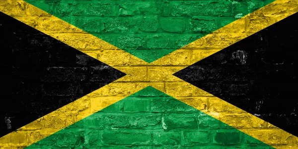 Vlag Van Jamaica Een Oude Bakstenen Muur Achtergrond Oppervlakte — Stockfoto