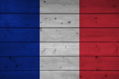 Fransa bayrağı ahşap arka plan, yüzey üzerinde. Ahşap duvar, plakalar. Ulusal bayrak.