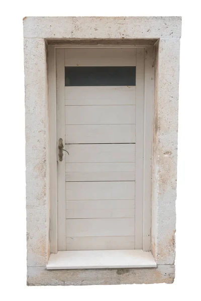 Weiße Türen Mit Steinrahmen Isoliert Auf Weißem Hintergrund Außendetails Weg — Stockfoto