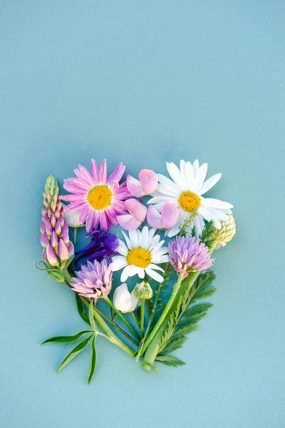 Una Variedad Flores Silvestres Margaritas Altramuz Cebollas Hierbas Ramo Plano — Foto de Stock