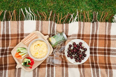 Piknik çim parkta, kareli bir kahverengi ekose aperatifler, sebze, meyve, su banka ve gözlük, insanlar olmadan. 