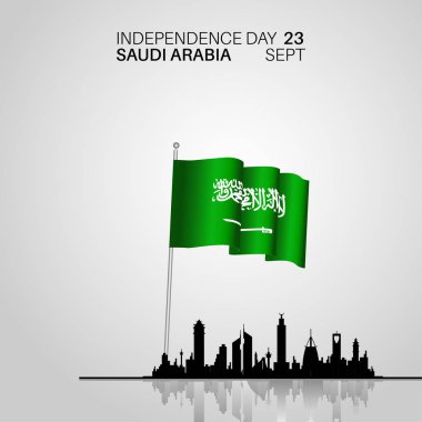 Festival afiş ülke bayrakları ve şehir manzarası Suudi Arabistan ile. Mutlu bağımsızlık günü. Yazıt Suudi Arabistan Krallığı 23 Eylül - günün İngiltere Suudi
