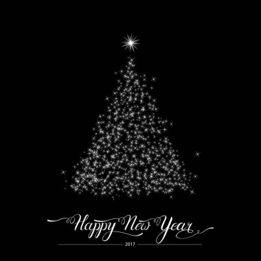 Mutlu yeni yıl stilize dekoratif çam ağacı siyah arka plan üzerine. Kış tatil tebrik kartı. Vektör çizim