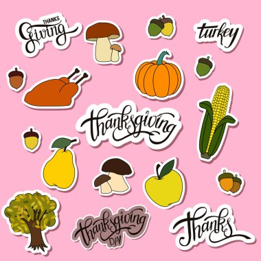 Mutlu Şükran günü el yazısı harfler arka plan tasarlamak tatil etiketi ile obje, kabak, elma, Türkiye, ağaç.