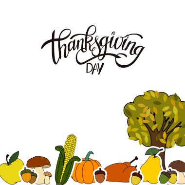 Mutlu Şükran günü el yazısı harfler arka plan tasarlamak tatil etiketi nesne ile.