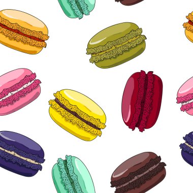 Macaroons seamless modeli. Fransız tatlı bademli kurabiye. Menüsü, posterler, duvar kağıtları, kağıt sarma için gıda sektöründe kullanılan. 