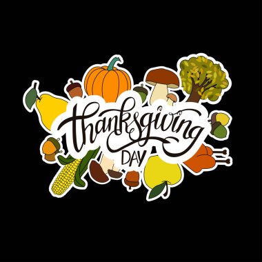 Mutlu Şükran günü el yazısı harfler arka plan tasarımı siyah izole tatil etiketi nesne ile.