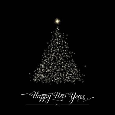 Mutlu yeni yıl stilize dekoratif çam ağacı siyah arka plan üzerine. Kış tatil tebrik kartı. Vektör çizim