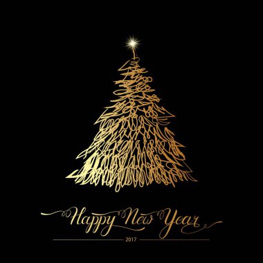 Mutlu yeni yıl stilize dekoratif çam ağacı siyah arka plan üzerine. Kış tatil tebrik kartı. Vektör çizim