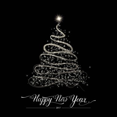 Mutlu yeni yıl dekoratif handdrawn doodle siyah köknar ağacı beyaz arka plan üzerinde stilize. Kış tatil tebrik kartı. Vektör çizim