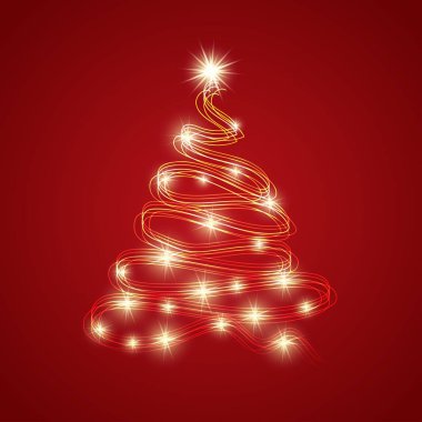 Mutlu yeni yıl kırmızı arka plan ile pırıltılar dekoratif çam ağacı parlayan stilize. Kış tatil tebrik kartı. Vektör çizim