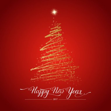 Mutlu yeni yıl kırmızı zemin üzerine dekoratif çam ağacı parlayan stilize. Kış tatil tebrik kartı. Vektör çizim