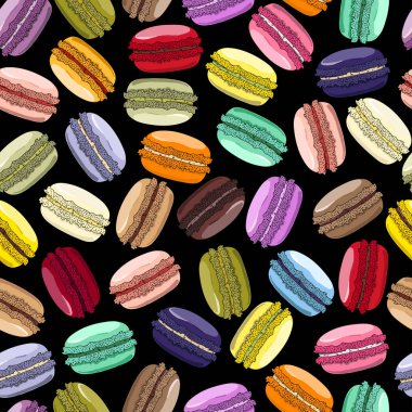 Macaroons seamless modeli. Fransız tatlı Bademli kurabiye. Siyah arka plan üzerine tatlılar. Elle çizilmiş desen. Menüsü, posterler, duvar kağıtları, kağıt sarma için gıda sektöründe kullanılan. 