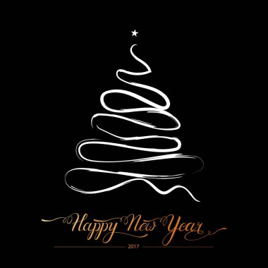 Mutlu yeni yıl stilize dekoratif çam ağacı siyah arka plan üzerine. Kış tatil tebrik kartı. Vektör çizim