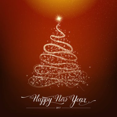 Mutlu yeni yıl dekoratif çam ağacı kahverengi zemin üzerinde parlayan stilize. Kış tatil tebrik kartı. Vektör çizim