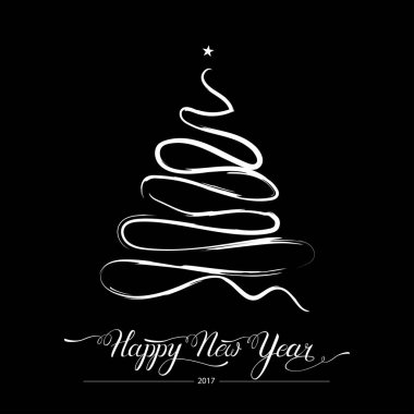 Mutlu yeni yıl stilize dekoratif çam ağacı siyah arka plan üzerine. Kış tatil tebrik kartı. Vektör çizim