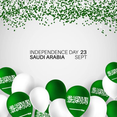 Festival afiş ile ulusal renk bayrak balonlar, Suudi Arabistan. Mutlu bağımsızlık günü. Yazıt Suudi Arabistan Krallığı 23 Eylül - günün İngiltere Suudi