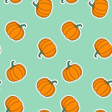 Turuncu çıkartmaları Pumpkins nane zemin üzerine Dikişsiz desen vektör. Vektör Eps10. Desen renk örneği