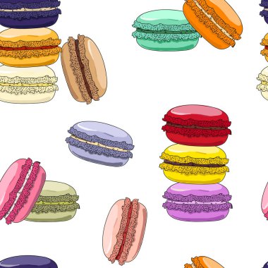Macaroons seamless modeli. Fransız tatlı bademli kurabiye. Menüsü, posterler, duvar kağıtları, kağıt sarma için gıda sektöründe kullanılan. 
