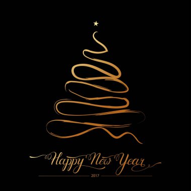 Mutlu yeni yıl stilize dekoratif çam ağacı siyah arka plan üzerine. Kış tatil tebrik kartı. Vektör çizim