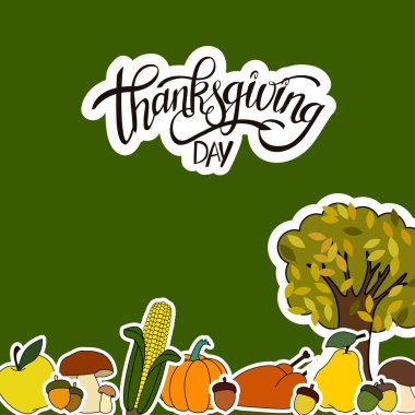 Mutlu Şükran günü el yazısı harfler arka plan tasarlamak tatil etiketi nesne ile.