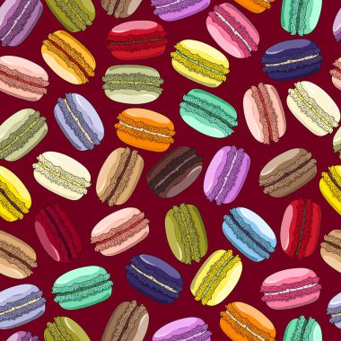 Macaroons seamless modeli. Fransız tatlı Bademli kurabiye. Tatlılar arka plan üzerinde. Elle çizilmiş desen. Menüsü, posterler, duvar kağıtları, kağıt sarma için gıda sektöründe kullanılan. 