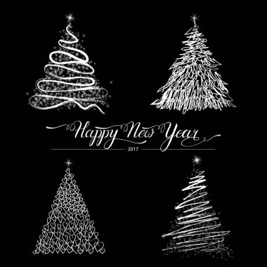 Modern Soyut mutlu yeni yıl ağaçlar arka plan, kış tatilleri için tebrik kartı. Köknar ağaçlarının siyah izole. Eps10 vektör çizim