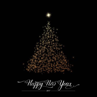 Mutlu yeni yıl stilize dekoratif çam ağacı siyah arka plan üzerine. Kış tatil tebrik kartı. Vektör çizim
