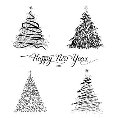Mutlu yeni yıl dekoratif handdrawn doodle siyah köknar ağacı beyaz arka plan üzerinde stilize. Kış tatil tebrik kartı. Vektör çizim