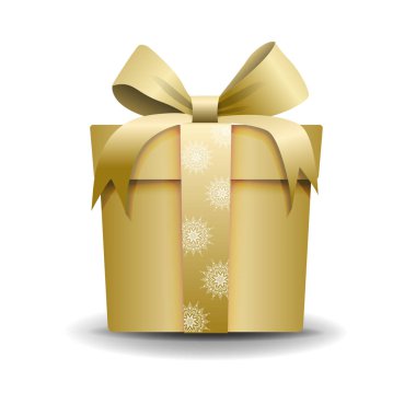 Yuvarlak altın hediye kutusu ile altın şerit ve arka plan üzerinde izole yay. Simge. Kar taneleri desenle. Yeni yıl tatili, kış hediyeler için kullanılabilir.