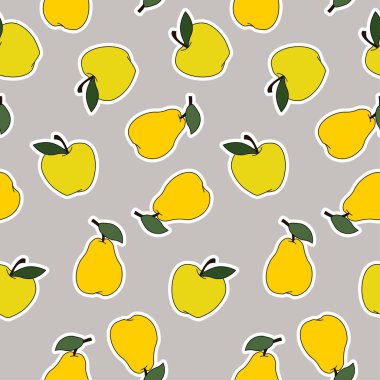Armut ve elma etiket Dikişsiz desen vektör. Vektör karikatür çizim gri arka plan üzerinde... Desen renk örneği