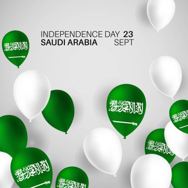 Festival afiş ile ulusal renk bayrak balonlar, Suudi Arabistan. Mutlu bağımsızlık günü. Yazıt Suudi Arabistan Krallığı 23 Eylül - günün İngiltere Suudi
