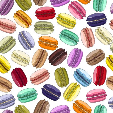 Macaroons seamless modeli. Fransız tatlı Bademli kurabiye. Tatlılar arka plan üzerinde. Elle çizilmiş desen. Menüsü, posterler, duvar kağıtları, kağıt sarma için gıda sektöründe kullanılan. 