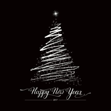 Mutlu yeni yıl stilize dekoratif handdrawn doodle köknar ağacı siyah arka plan üzerine. Kış tatil tebrik kartı. Vektör çizim