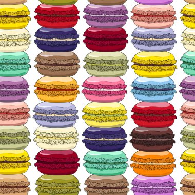 Macaroons seamless modeli. Fransız tatlı Bademli kurabiye. Tatlılar arka plan üzerinde. Elle çizilmiş desen. Menüsü, posterler, duvar kağıtları, kağıt sarma için gıda sektöründe kullanılan. 