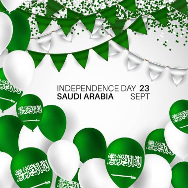 Festival afiş ile ülke bayrakları ve balonlar, Suudi Arabistan. Mutlu bağımsızlık günü. Yazıt Suudi Arabistan Krallığı 23 Eylül - günün İngiltere Suudi