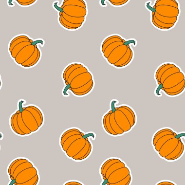 Turuncu çıkartmaları Pumpkins Seamless modeli bej renkli arka plan üzerinde vektör. Desen renk örneği