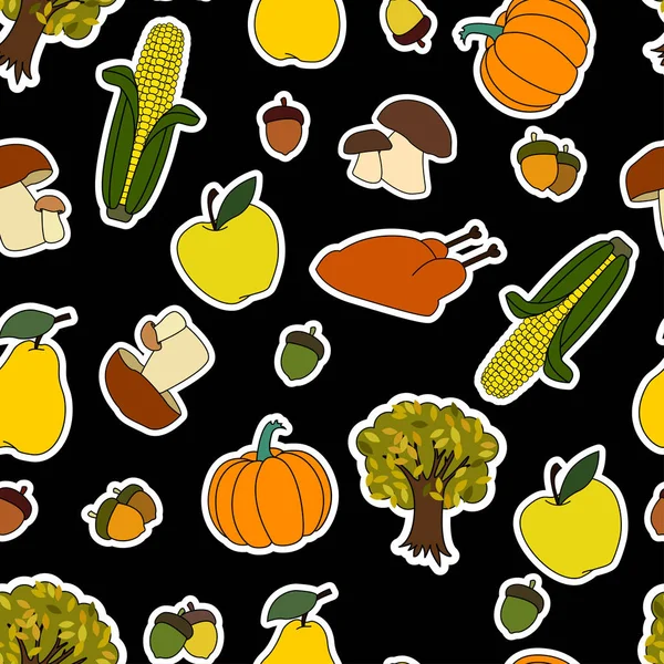 Pattern Theme Happy Thanksgiving Day Harvest Sticker Objects Corn Pumpkin — Stock Vector