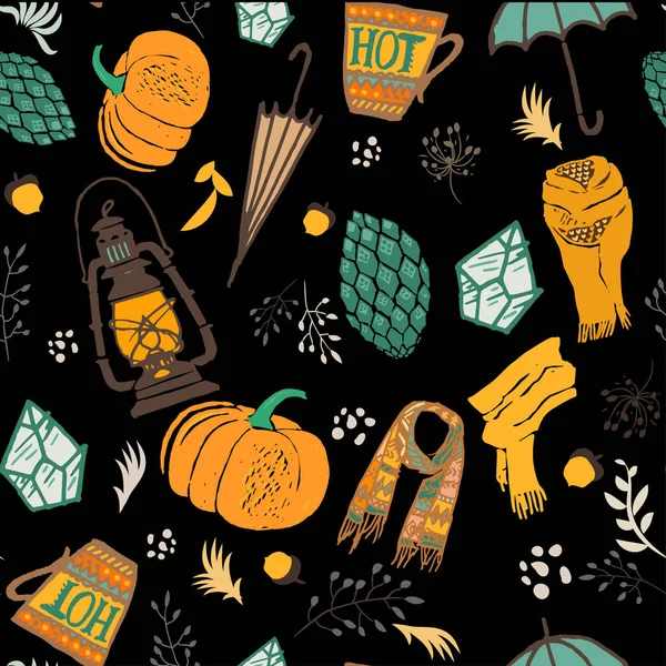 Φθινόπωρο Χωρίς Ραφή Πρότυπο Vector Εικονογράφηση Handdrawn Σκετσάκια Πορτοκαλί Κολοκύθα — Διανυσματικό Αρχείο